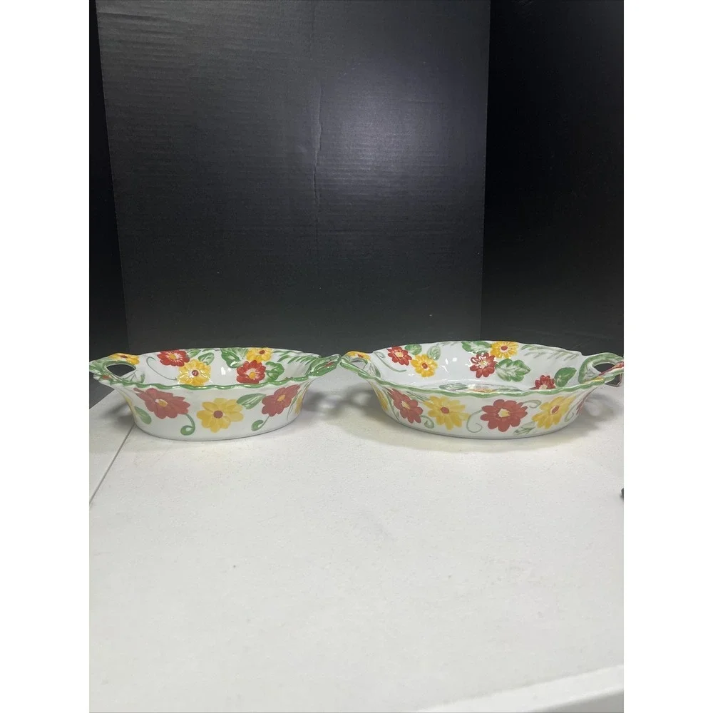 Set Of 2 TEMP-TATIONS By Tara Casserole Baking Dishes Red‎ Yellow Floral